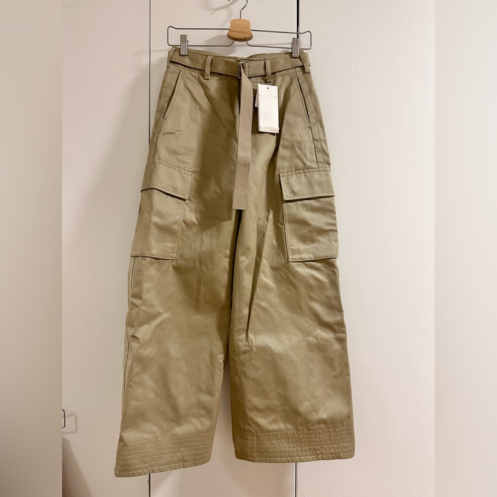 Sacai Belted Wide Leg Trousers, Khaki, Beige, Size 0